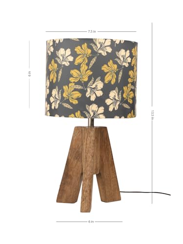 Image of Green Girgit Decorative Tri-Leg Stand Wooden Table Lamp with Black Floral Multicolor Shade Bedside & Reading Night Lamp for Bedroom, Living Room & Home Decor | Warm Ambient Light