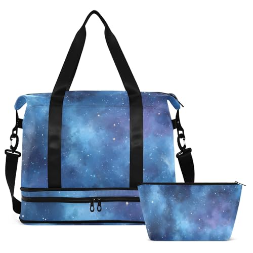 ALAZA Sports Duffel Bags with Toiletry Bag Set,The Blue Nebula Pattern Travel Duffel Bags Multi Pockets Weekend Bag