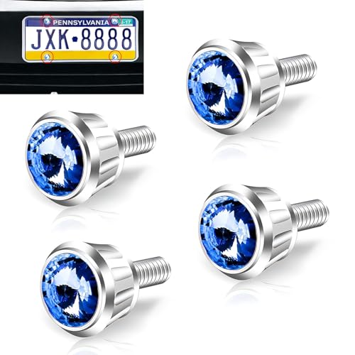 yorpyep 4 PCS License Plate Screws Fastener Kit, Sparkling Rhinestone Car Anti Theft Screw Caps, Cool Funny License Plate Frame Decorative Screws Bolts, Universal for Most Cars, Trucks, SUVs (Blue)