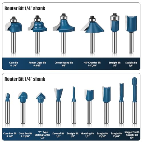 ONEVAN 15tlg Fräser für Oberfräse, Ø 6.35 mm Schaft (1/4) Kohlenstoffstahl Holzfräser Fräser Fräskopf Fräsbohrer für Holz DIY, im Kunststoffkassette
