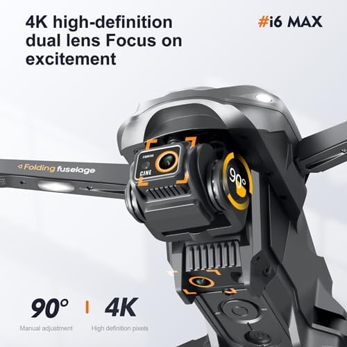 Close-up of the I6 MAX drone's 4K high-definition dual lens camera with 90-degree manual adjustment.