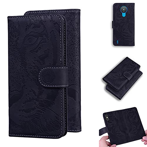 LMFULM® Hülle für Nokia 1.4 (6,52 Zoll) PU Leder Magnet Brieftasche Lederhülle Tiger Drucken Flip Cover Ledertasche Stent-Funktion Schwarz