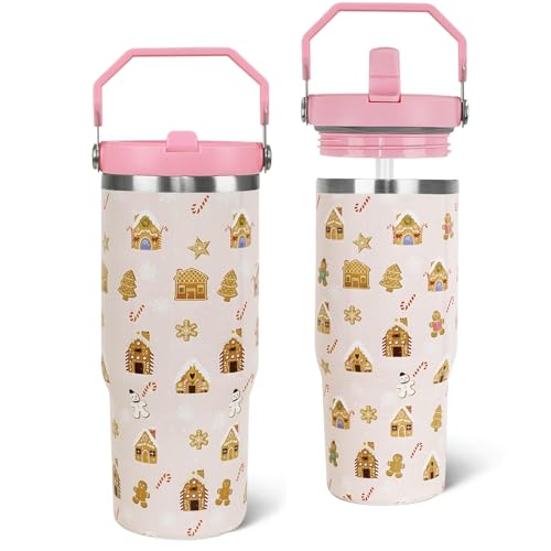 Zifmrtrwn Christmas Tumbler with Handle and Straw Gingerbread Snowflakes Tumbler Insulated Stainless Steel Cups Xmas Coffee Travel Mug Winter Merry Christmas Gifts Decor-30 oz(1PCS)