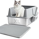 XL Stainless Steel Litter Box with Lid, Extra Large High Sided Metal Cat Litter Box with Mat and Scooper, Easy Clean, Non Stick & No Smell