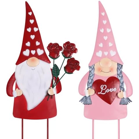YEAHOME Valentines Day Decorations Outdoor, 2 PCS Gnomes Decorative Garden Stakes with Red Love Heart & Rose for Valentines Day Decor, Metal Yard Signs for Home Garden Porch Lawn Wedding Anniversary Cover