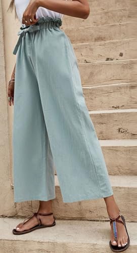 Women's Wide Leg Linen Pants High Waisted Belted Flowy Palazzo Pants Lounge Work Trousers4