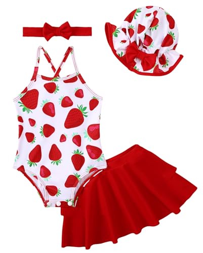 Image of Renotemy Baby Girl Swimsuit Toddler One-Piece Bathing Suit with Skirt&Hat Bikini Beach Pool Swimwear for Infant Girls 3M-3Y
