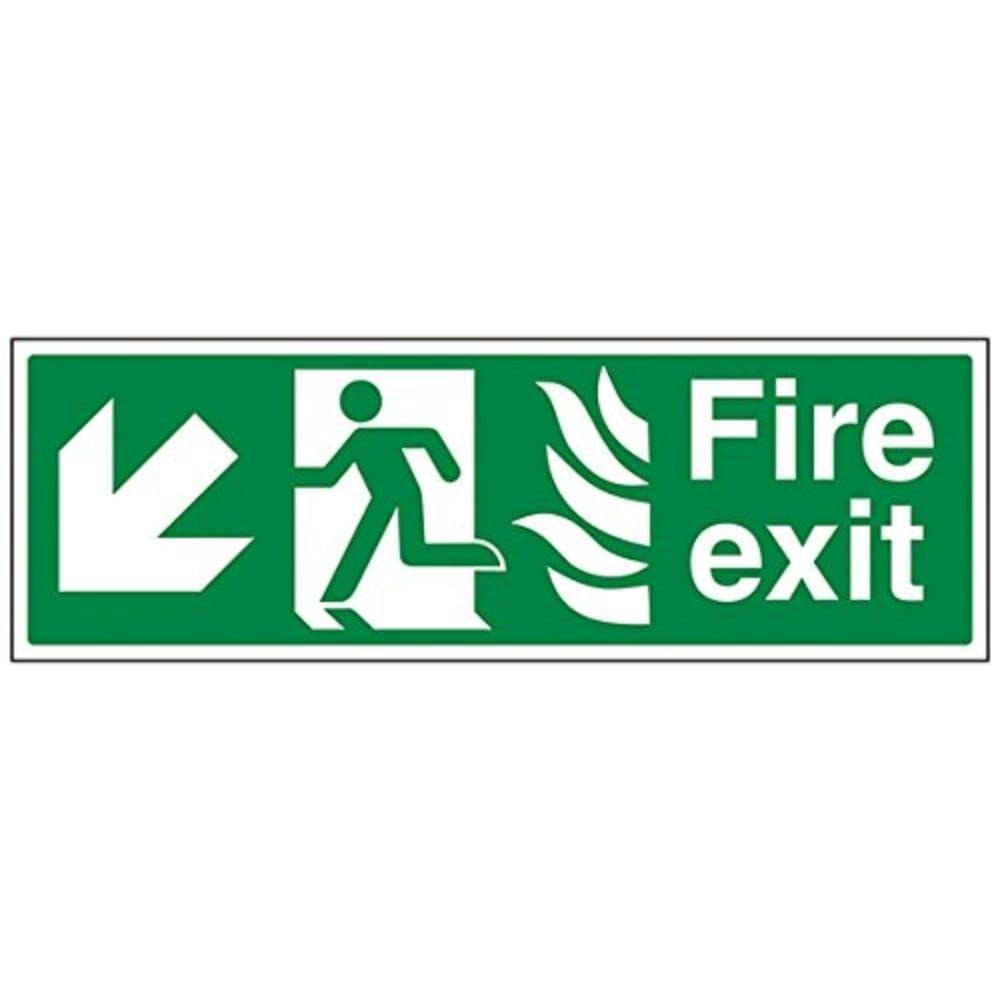 VSafety NHS Fire Exit Arrow Down Left Sign - Landscape - 450mm x 150mm - 1mm Rigid Plastic