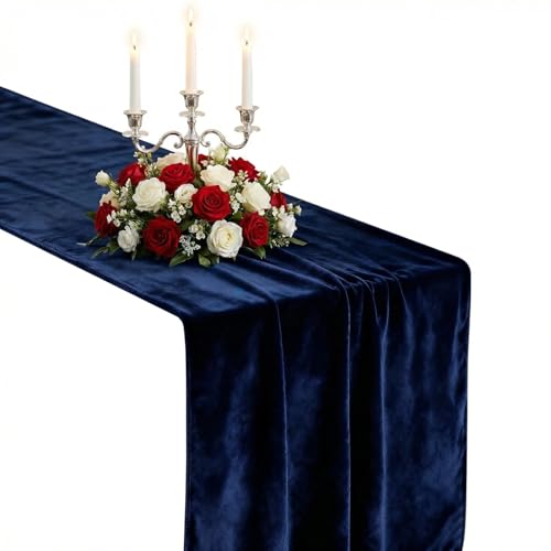 MANSPHIL Navy Blue Velvet Table Runner 72 Inches Long for Valentine's Day Wedding Party Decorations - Luxury Fabric Table Cloth for Dining Room Kitchen Wedding Holiday