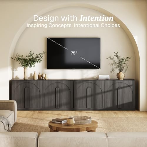 Image of BELLEZE Set of 2 Bijou 64 inch Modern Buffet Sideboard, Mid-Century Arch Carved Wood Door Cabinet, Textured Storage Console for Living Room, Kitchen, Entryway - Ebony