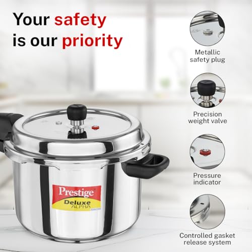 Image of Prestige 6.5 Litre Stainless Steel Deluxe Alpha Svachh Outer Lid Pressure Cooker | 10Y Warranty | Deep Lid for Spillage Control | TRIPLY Base | Gasket Release System | Gas & Induction Compatible | ISI
