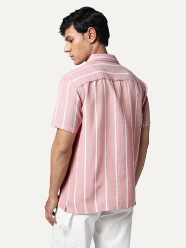 Image of Urbano Fashion Men's Cotton Half Sleeve Relaxed Fit Linen Striped Shirt with Cuban Collar