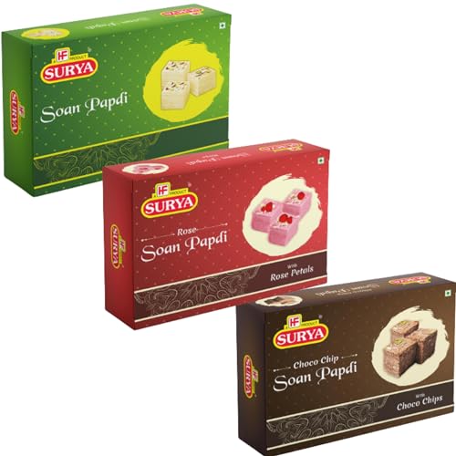 Image of HF, SURYA Soan Papdi 600g (3 x 200g) Made with Fresh Besan Mithai Gift Pack | Rose Petal, Cardamom, Choco Melt-in-Mouth Sweets | No Artificial Flavours