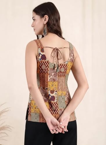 Image of Pinkmint Women Cotton Blend Printed Short Kurti Top (Pack of 2) | Stylish Casual Wear | Sleeveless Top | Back Dori Design | Comfortable Kurta Tops
