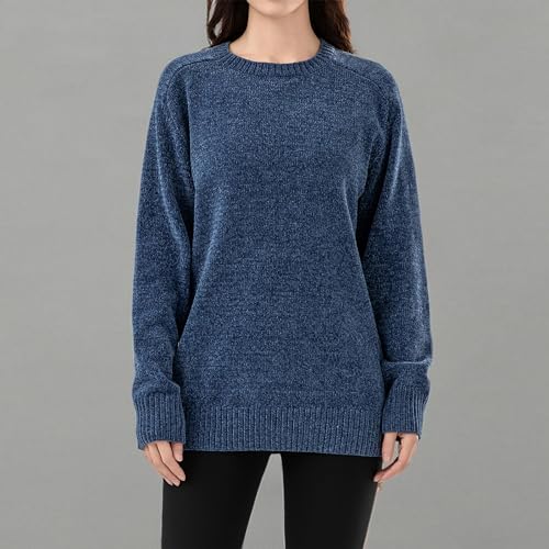 Image of Simple&Opulence Women's Chenille Sweater Crewneck Long Sleeve Pullover Ribbed Cuff Hem Round Neck Jumper Tops
