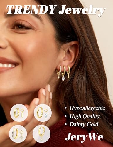 JeryWe Gold Small Hoop Earrings for Women – Hypoallergenic 14K Gold Plated Hoop Cartilage Earring Stacks Gold with Dainty Dangle Charm Non Tarnish Huggie Hoops Earrings for Cartilage Tragus Piercing Jewelry2