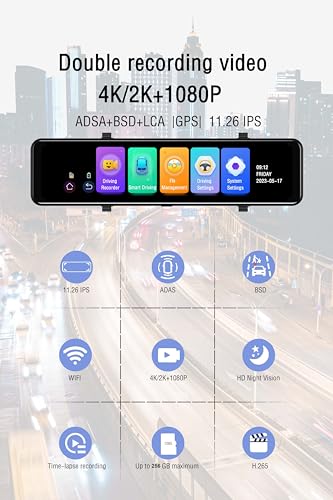 Image of DEVIANT 4K Dual Dash Camera with 11.26'' Mirror Display Touch Screen |Super Night Vision |GPS Logger | ADAS|WiFi | Front & Rear Reverse Camera | G-Sensor, Loop Recording, Parking Monitor Car DVR Cam
