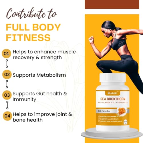 Image of Sushain Sea Buckthorn Capsules | Omega 3, Omega 6, Omega 7, Omega 9 + Natural Vitamin C | Liver, Heart & Skin Health | Immunity & Antioxidant Support | Ayurvedic Supplement (Pack-2)