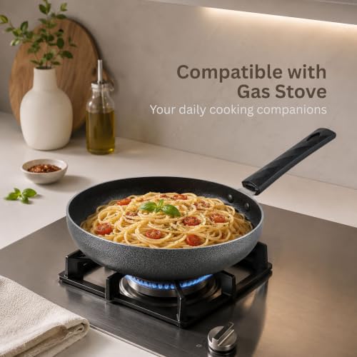 Image of Kreme Non Stick Cookware Set 4pcs | Aluminium Cookware Set Combo | Non Stick Flat Tawa, Fry Pan, Sauce Pan, Kadhai with Lid | Uses Less Oil | Non-Induction Base | Gas Stove Compatible Kitchen Set