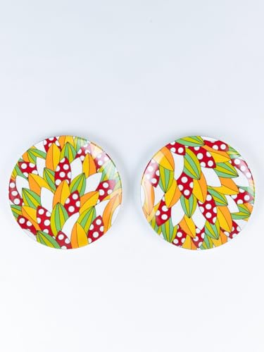 Image of GOLDEN QUEEN'S Snack Plates Set of 4 | Perfect for Snacks, Desserts, Appetizers, Salads, Tapas, Cheese | 7 inches Wide | Microwave Safe (Red & Yellow Abstract)