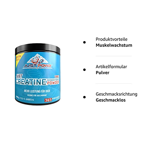 Foto von JUST POWR® 1,1 kg Creatin ohne Zusätze, 96% Creatin Monohydrat für mehr Ausdauer, Kraft, Regeneration im Kraftraining und Bodybuilding. Kreatin laborgeprüft, perfekt löslich, reines Kreatin Monohydrat