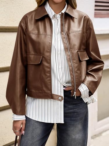 Cicy Bell Womens Faux Leather Bomber Jackets Zip Up Cropped Lapel Moto Coats Trendy Casual Outerwear with Pockets4