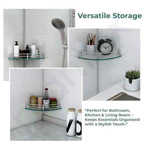 Plantex Glass Corner Shelf for Bathroom Wall/Bathroom Glass Shelf/Bathroom Corner Shelf/Corner Shelf for Kitchen (Transparent-9x9 Inches-Pack of 1)