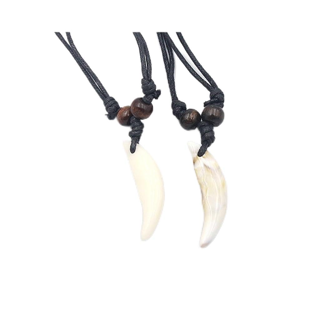 Caiyao 2PCS Hawaiian Protection Amulet Lucky Pendant Necklace Vintage Tiki Fish Hook Turtles Tortoise Shark Wolf Tooth Caved Satue Adjustable Rope Chain Necklaces for Men Women