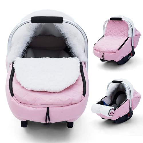 Image of Winter Baby Car Seat Cover, Infant Car Seat Cover with Huge Space Inside, Sherpa Lined Carseat Cover Protect Cold Wind, Snow Weather, Warm and Snug Baby Carrier Canopy Cover for Boys Girls (Pink)