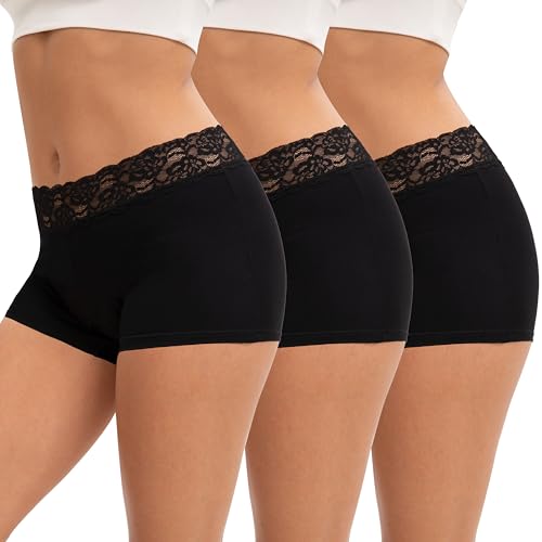 INNERSY Shorty Noir Coton pour Femme Boxer Court en Dentelle Doux sous-vêtements Féminins Lot de 3 (L, 3 Noir)