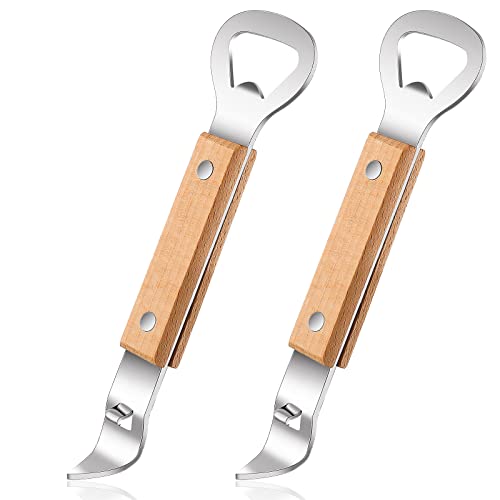 Image of 2 Pieces Magnetic Bottle and Can Openers with Wood Handle, Magnet Stainless Steel Can Punch Tappers for Beers Beverages, Suitable for Camping and Traveling
