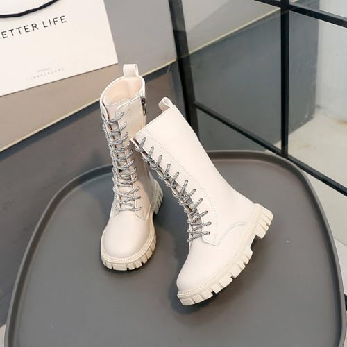 Girls Leather Lace Up Knee High Boots with Side Zipper Fashion Round Toe Low Heel Mid Calf Combat Riding Boots Winter Tall Boots Dress Princess Shoes2
