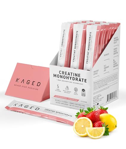 Image of Kaged Creatine Monohydrate + Max Absorption Technology | Micronized Powder Stick Packs | Strawberry Lemonade | Muscle Building & Recovery | Brain Health | Supplements for Men & Women | 25 Servings