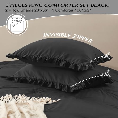 Image of HARBOREST King Comforter Set Black - Ruffle Comforter for King Size Bed, Fluffy King Size Comforter Set for All Seasons, 3 Pieces Shabby Chic Bedding Comforter Set(1 Comforter & 2 Pillow Shams)