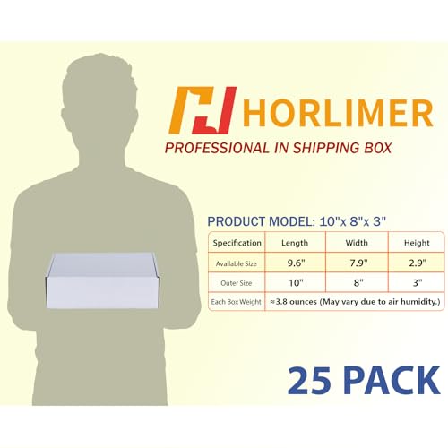 Image of HORLIMER 10x8x3 inches Shipping Boxes Set of 25, White Corrugated Cardboard Box Literature Mailer, 25 Stickers Included