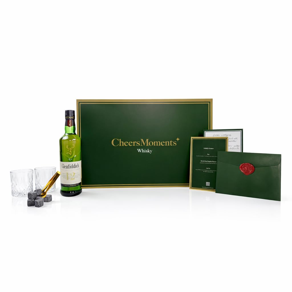 Whisky Geschenkset für Männer mit Glenfiddich 12 – Premium Geschenkbox mit 2 Whiskygläsern, Kühlsteinen, Eiszange & handgeschriebener Grußkarte – Geschenk für Vater, Freund, Ehemann & Geburtstag