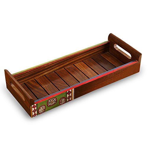 Image of ExclusiveLane 'Warli' Wooden Serving Tray for Snacks (Rectangular Shaped, Handpainted, Brown) | Wooden Tray Set for Serving Tray Set Wooden Tea Trays for Serving Rectangular Breakfast Trays
