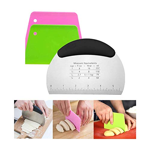 Snowyee Bench Scraper, for Dough Pastry Cake Food Mover Stainless Steel and Rubber Handle with 2 Piece Plastic Cutter (3 in 1 Set)