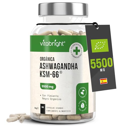 Ashwagandha KSM-66 Orgánica 5500mg, 90 Ashwagandha Capsulas, Extracto Ashwagandha En Polvo 10:1 Concentrado, 5% de Withanólidos, Ashwaganda Cápsulas Estado Puro, VitaBright Organic Ashwagandha