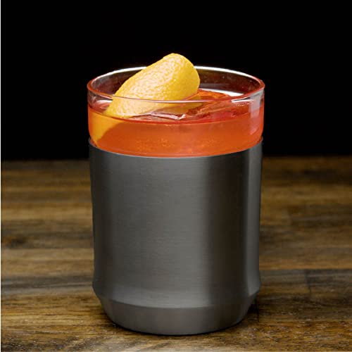 Elevated Craft Hybrid Cocktail Glass Premium Vacuum Insulated Steel Base With Removable Glass Insert - 12Oz Rocks Glass, Double Old Fashioned Lowball For Margaritas, Bourbon, Whiskey - Gunmetal Black #TOP4