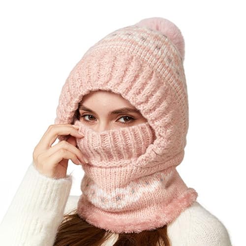 Generico Sombrero de lana, cálido y suave, de punto ajustable, gorro térmico con cubierta facial y bufanda, ideal para actividades al aire libre, deportes, senderismo, camping, Rosa