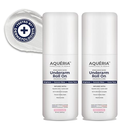 Aqueria 5.5% AHA BHA French Underarm Brightening Roll On | 48H Odour Control | Flora Fragrance with 2% Niacinamide | Multi Actives, Glycolic Acid, Lactic Acid | Prevents Odor, Kills Bacteria | Exfoliates, Reduces Pigmentation & Discoloration for Even-Toned Underarms | Brightens Skin & Exfoliates Underarm | Alcohol & Aluminium Free | Deodorant for Men & Women | Pack of 2 (100ml)