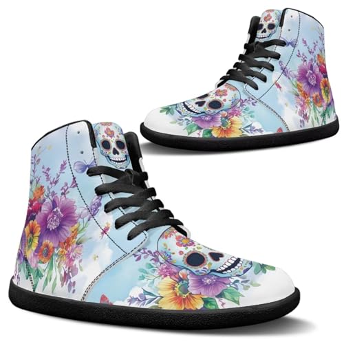 Binienty Blue Sky Sugar Skull High Tops Leathers Shoes for Men Women Classic Lace Up Barefoot Shoes with Arch Support Gothic Fashion Sneaker Street Casual Flat Shoes Size 10