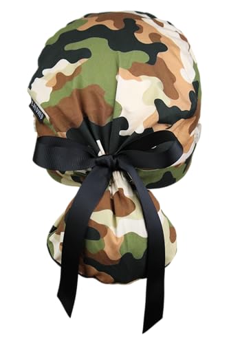 Image of Scrub Cap for Women and Men, Ponytail Scrub Caps, Working Hat, Head Cover with Ribbon Ties and Buttons, Long Hair