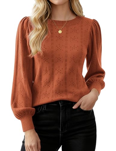 Image of GRACE KARIN Fall Sweaters for Women 2026 Puff Long Sleeve Crewneck Dressy Casual Tops Crochet Hollow Out Cute Pullover Blouse