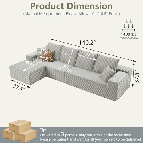 Image of 140 inch L Shaped Cloud Sectional Couch for Living Room, Modular Floor Deep-Seat Sofa, Big Comfy Corduroy Couches Set with Fluffy Memory Foam for Living Room Bedroom, No Assembly Required, Grey