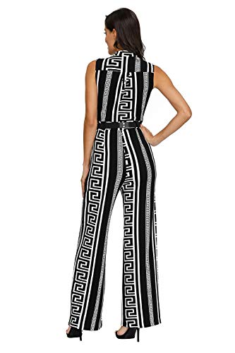 Pink Queen Women Black And White Printed Sleeveless Loose Long Jumpsuits Rompers,Black Geometric,Medium #TOP3
