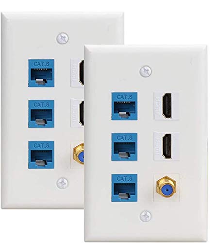 Etherne Wall Plate Decorative, 2PACK HDMI Ethernet Coax Cable TV F-Type Wall Plate(White) - 3 Cat6 Ethernet + 2 Port HDMI +1 Coax …