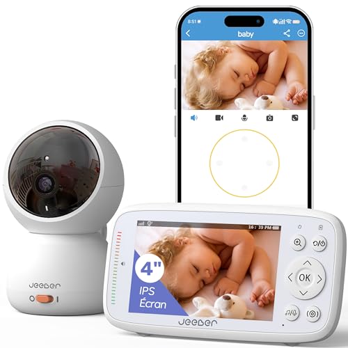 jeeber 1080P WiFi Video Baby Monitor with App, 4'' IPS Screen, HD Night Vision, Motion & Cry Detection, 360° PTZ Camera, Two-Way Talk, Lullabies, Temperature Sensor, Feeding Reminder, Virtual Fence