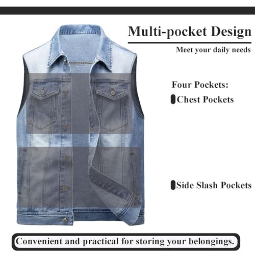 Image of Men's Denim Jacket Vintage-Inspired Jean Jacket with Multiple Pockets - Cotton Blend, Machine Washable